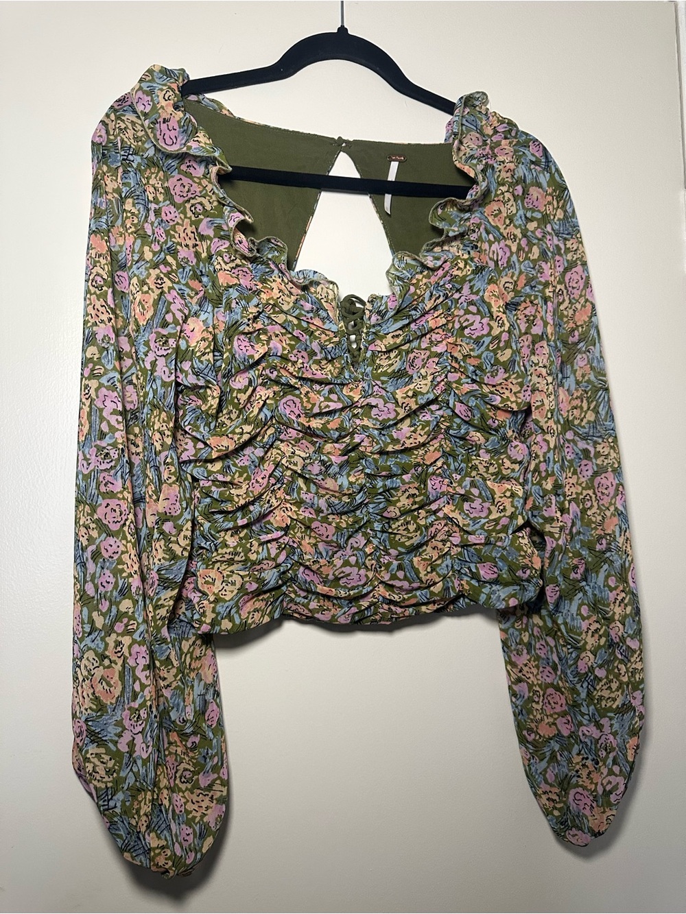 Free People Olive Floral Ruffle Front Long-Sleeve Blouse